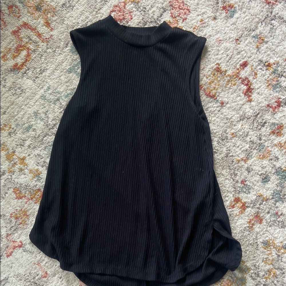 Black Sleeveless Mock Neck Ribbed Tank Top with Deep V Back